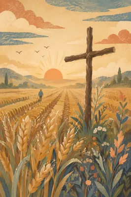 Golden Wheat Harvest Cross at Sunrise