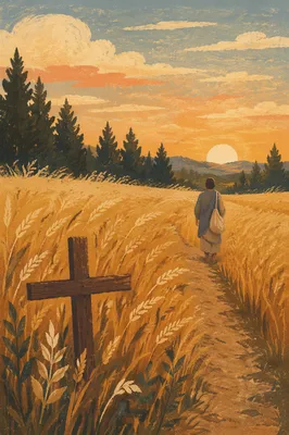 Golden Wheat Harvest With Wooden Cross