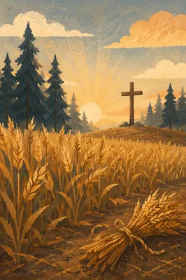 Golden Harvest Wheat Field with Wooden Cross