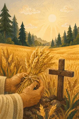 Golden Wheat Harvest with Evergreen Horizon