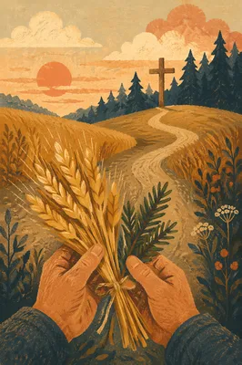 Golden Wheat Harvest with Evergreen Cross