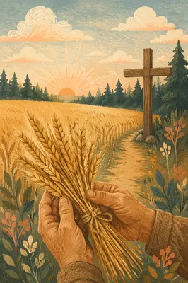 Golden Wheat Harvest Beside Evergreen Cross