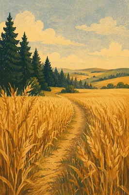 Golden Wheat Harvest Beside Evergreen Trees