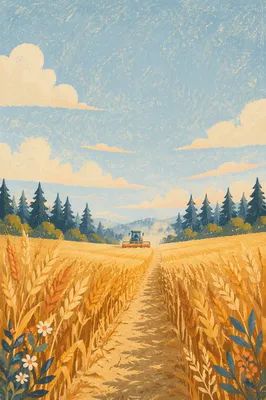 Golden Wheat Harvest with Evergreen Horizon