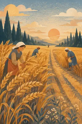Golden Wheat Harvest Beneath Evergreen Trees