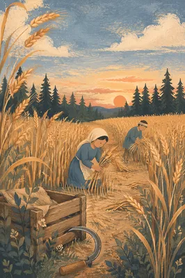Golden Wheat Harvest by Evergreen Trees