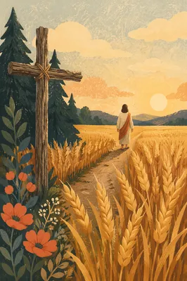 Golden Wheat Harvest with Evergreen Cross