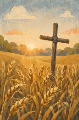Golden Wheat Harvest Cross at Sunrise