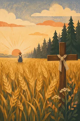 Golden Harvest Wheat Field With Evergreen Cross