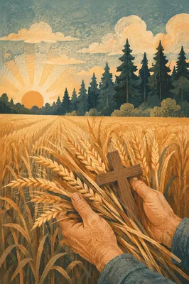 Golden Wheat Harvest with Evergreen Cross