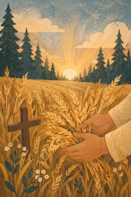 Golden Harvest Wheat Field with Wooden Cross