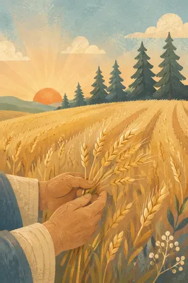 Golden Wheat Harvest with Evergreens