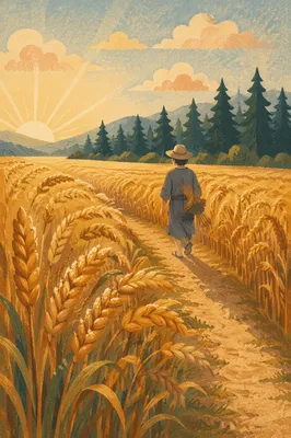 Golden Wheat Harvest with Evergreen Horizon