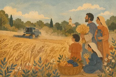 Golden Wheat Harvest with Distant Chapel