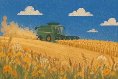 Golden Wheat Harvest with Green Combine