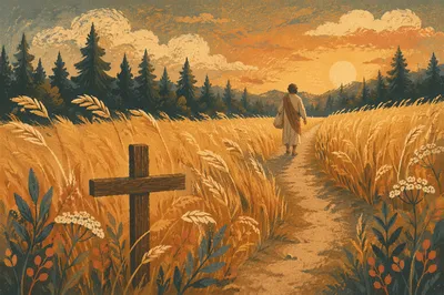 Golden Wheat Harvest with Wooden Cross