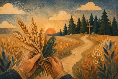 Golden Wheat Harvest with Evergreen Cross