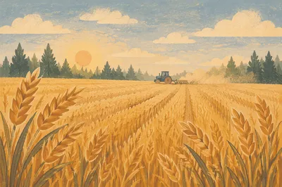 Golden Wheat Harvest by Evergreen Trees
