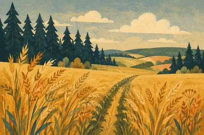 Golden Wheat Field with Evergreen Horizon