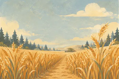 Golden Wheat Harvest with Evergreen Horizon