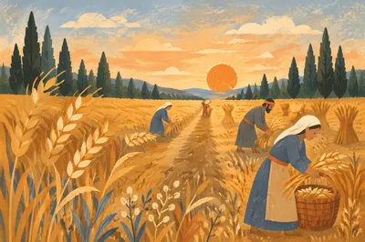 Golden Wheat Field with Evergreen Horizon