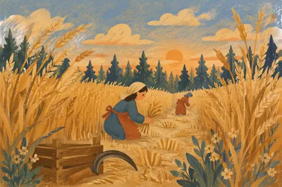 Golden Wheat Harvest by Evergreen Tree Line