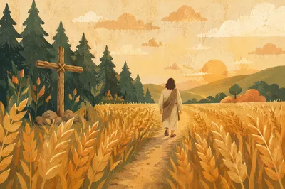 Golden Harvest Wheat Field with Wooden Cross