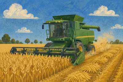 Golden Wheat Harvest With Green Combine