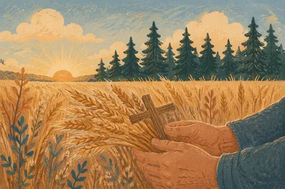 Golden Wheat Harvest by Evergreen Pines