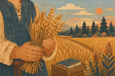 Golden Wheat Harvest by Evergreen Pines