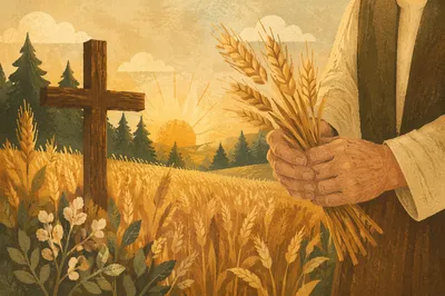 Golden Wheat Harvest with Wooden Cross