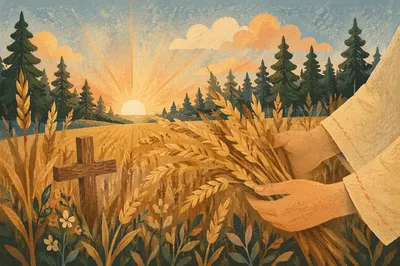 Golden Wheat Harvest with Evergreen Cross
