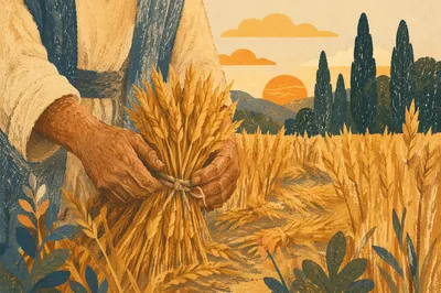 Golden Wheat Harvest by Evergreen Pines