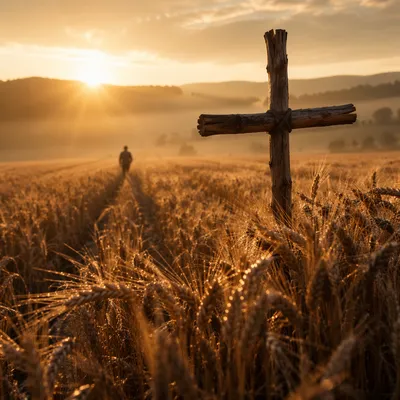 Golden Wheat Harvest With Wooden Cross