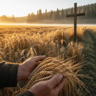 Golden Wheat Harvest at Dawn Cross