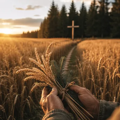 Golden Wheat Harvest with Evergreen Cross