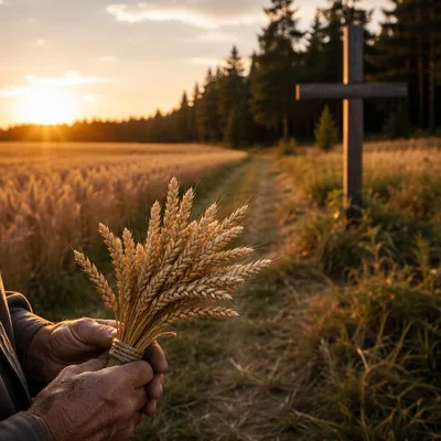 Golden Wheat Harvest with Wooden Cross