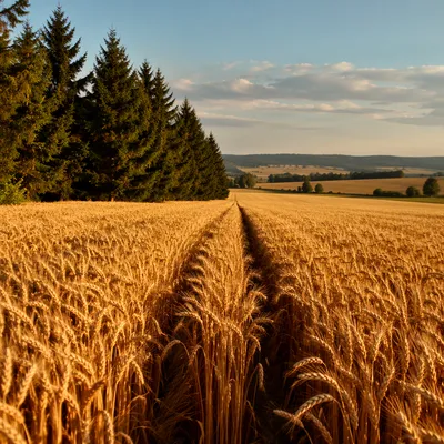 Golden Wheat Harvest by Evergreen Trees