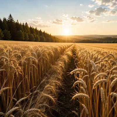 Golden Wheat Field with Evergreen Horizon