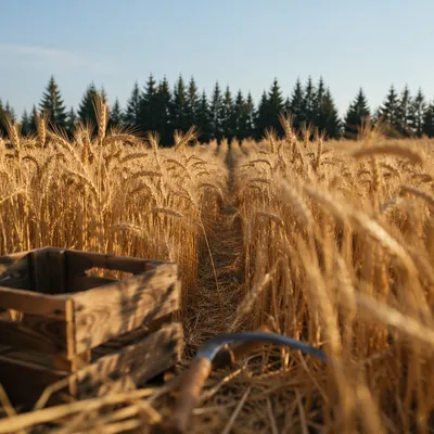 Golden Wheat Harvest by Evergreen Tree Line