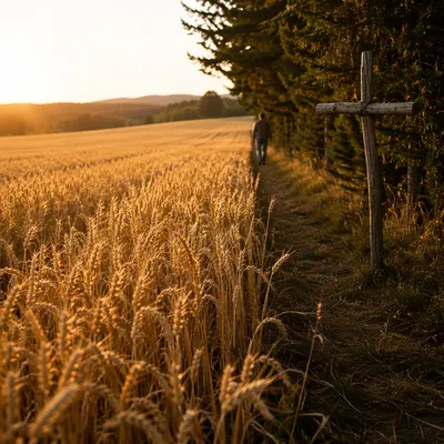 Golden Wheat Harvest with Evergreen Cross