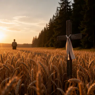 Golden Wheat Harvest Beside Evergreen Cross