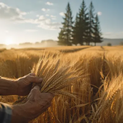 Golden Wheat Harvest Beside Evergreens