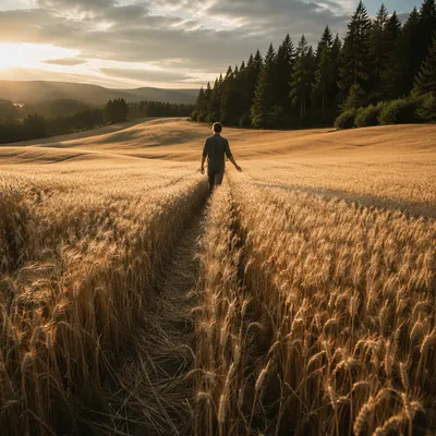 Golden Wheat Harvest by Evergreen Pines