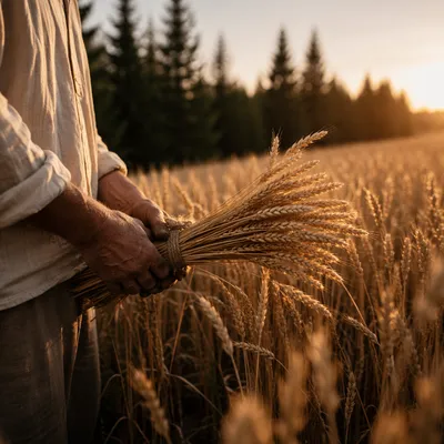 Golden Wheat Harvest Beside Evergreen Pines