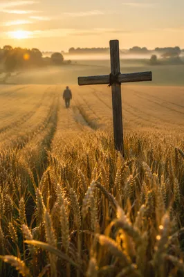Golden Wheat Harvest with Rustic Cross