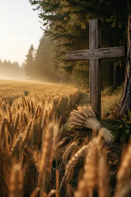 Golden Wheat Harvest Cross Among Evergreens