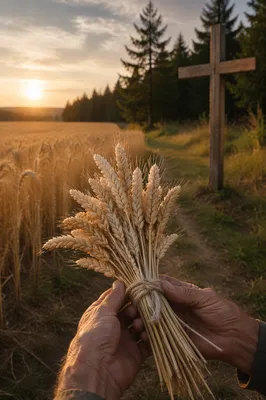 Golden Wheat Harvest Beside Evergreen Cross