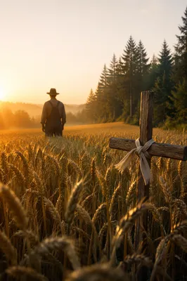 Golden Wheat Harvest Beside Evergreen Cross