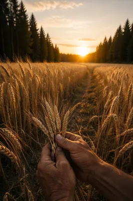 Golden Wheat Harvest by Evergreen Pines